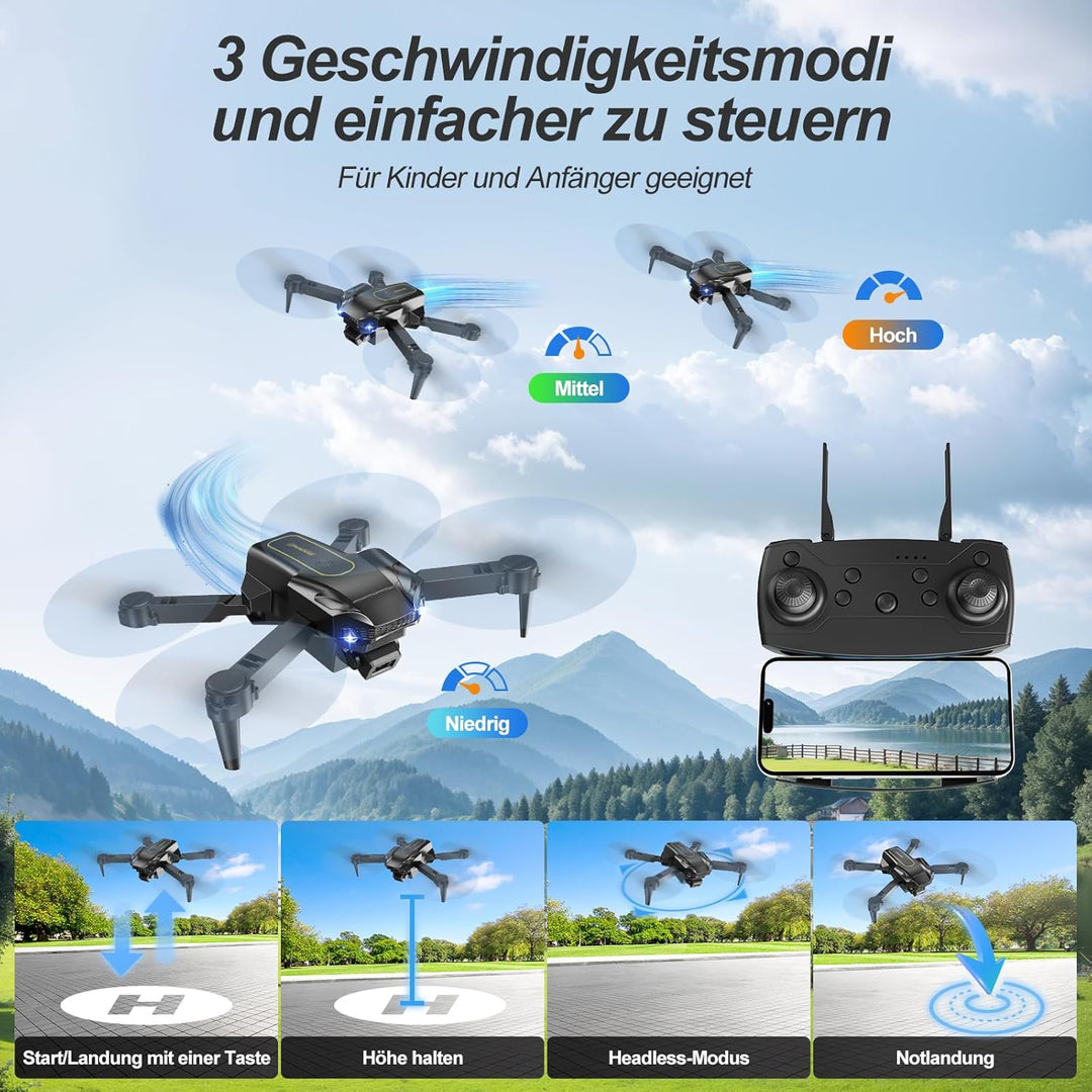 Drohne mit Kamera 4K für Anfänger, Kinder & Erwachsene, Mini Drohne mit WiFi, 2 Akkus für lange Flug