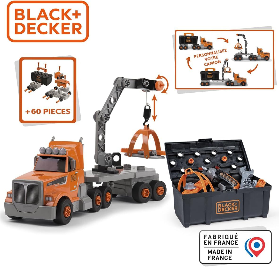 Smoby - Black+Decker Truck mit Werkzeugbox – Konstruktionsfahrzeug mit 60 Zubehörteilen – Werkzeug,