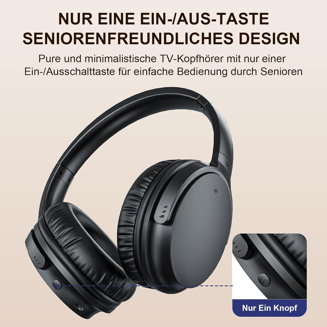 Kabellose TV-Kopfhörer für Senioren, AptX Low Latency, Ein-Knopf-Design Over-Ear TV Headset mit USB-