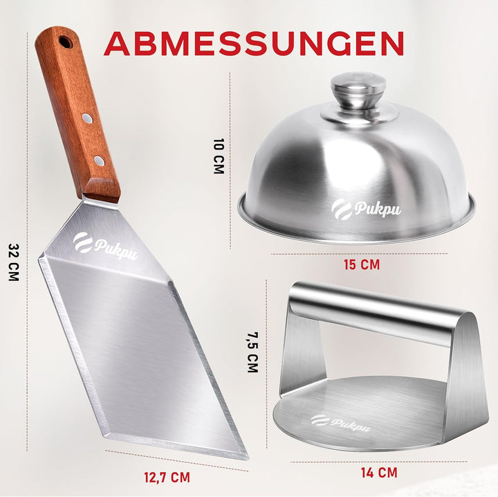Burgerpresse Smash Burger Set - 3-Teilig Burger Smasher aus Edelstahl mit 1 Grosse Grillspachtel und