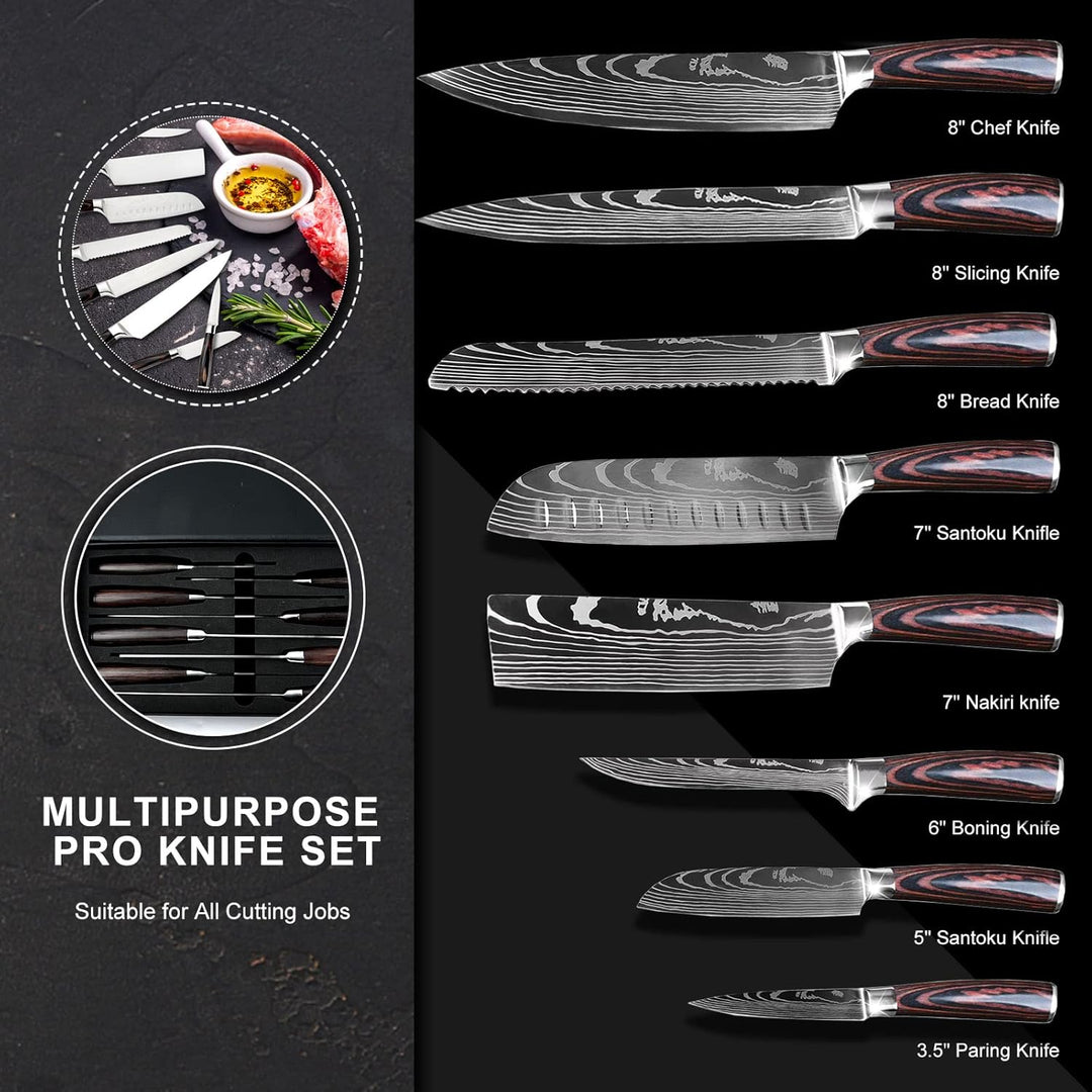 Gustrug Küchenmesser Set 8-tlg Messerset aus Hochwertigem Edelstahl, Ultra Scharfes Messer set mit E