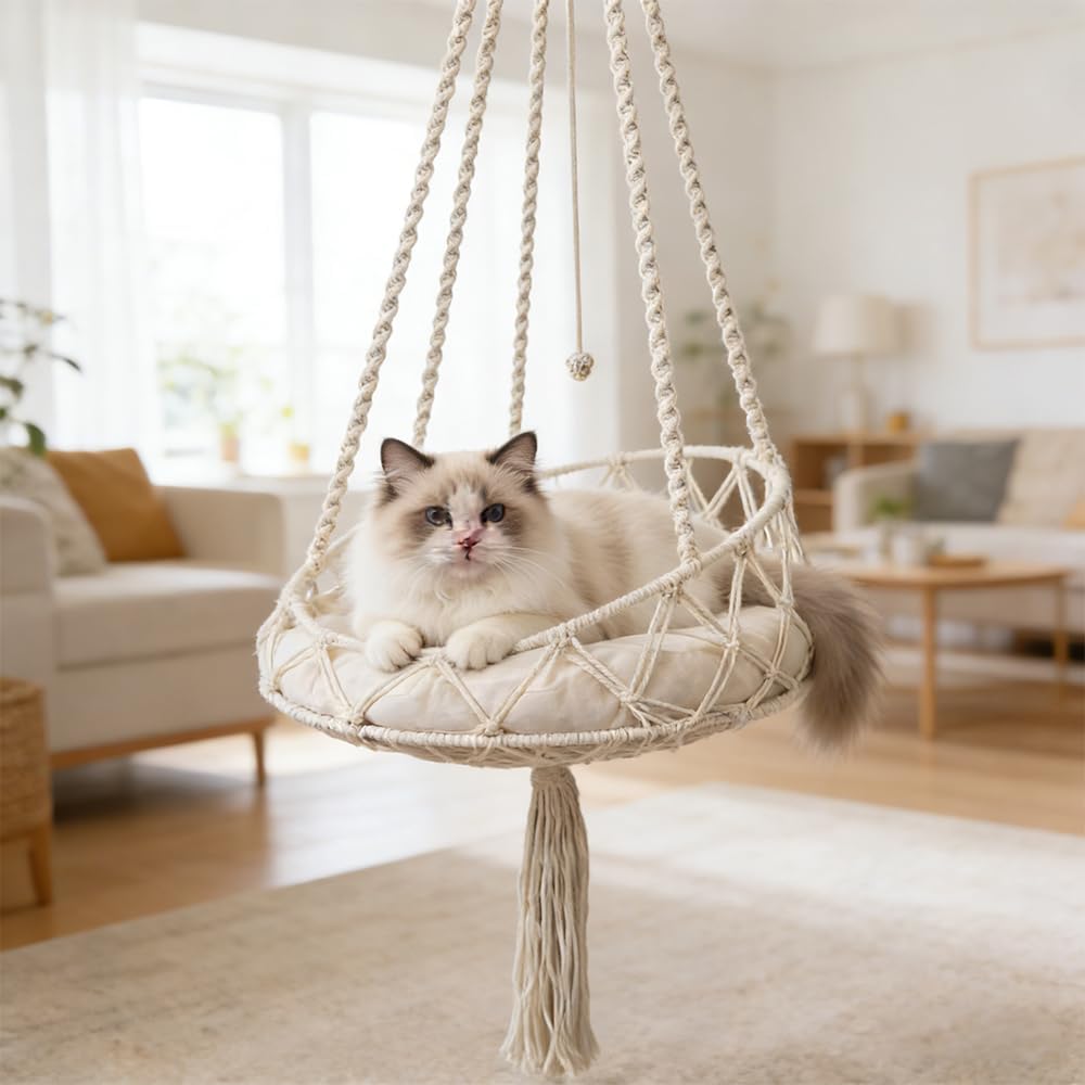 Katzenschaukel, HOVCEH Boho Makramee Katzen Hängematte mit Katzenspielzeug-Stick, 40cm Katzenhängema