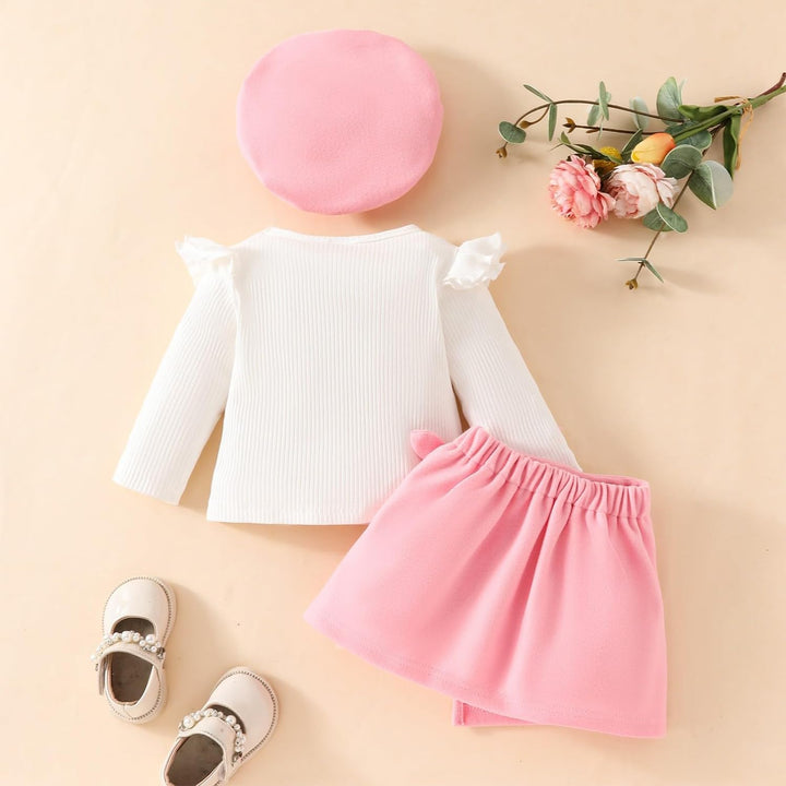 Kleinkind Baby Mädchen Outfits Rüschenärmel Gestrickt Bowknot Shirt + Elegant Mini Rock+ Baskenmütze