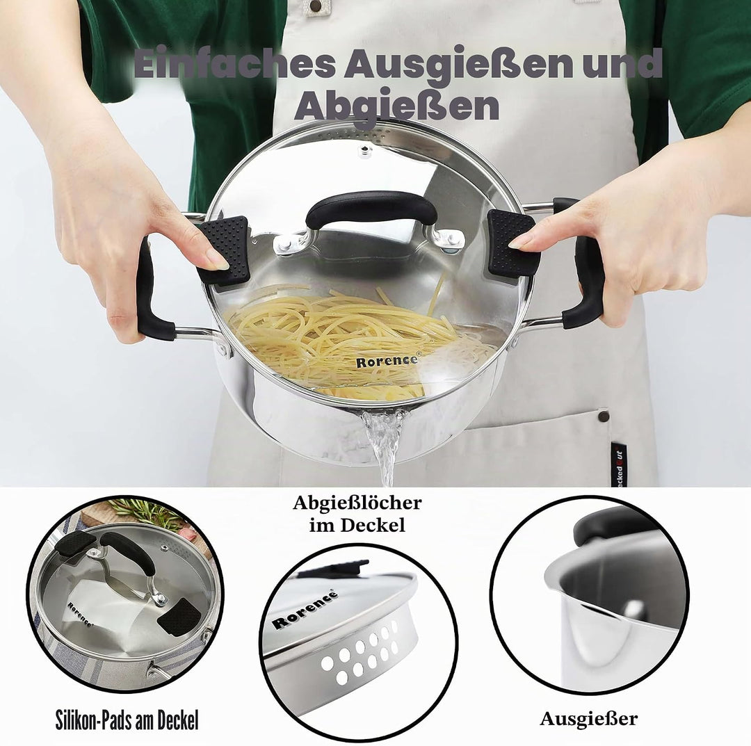 3.5L Edelstahl 18/8 Kochtopf Induktionsgeeignet für alle Herdarten, Glasdeckel mit Abgiesslöchern, S
