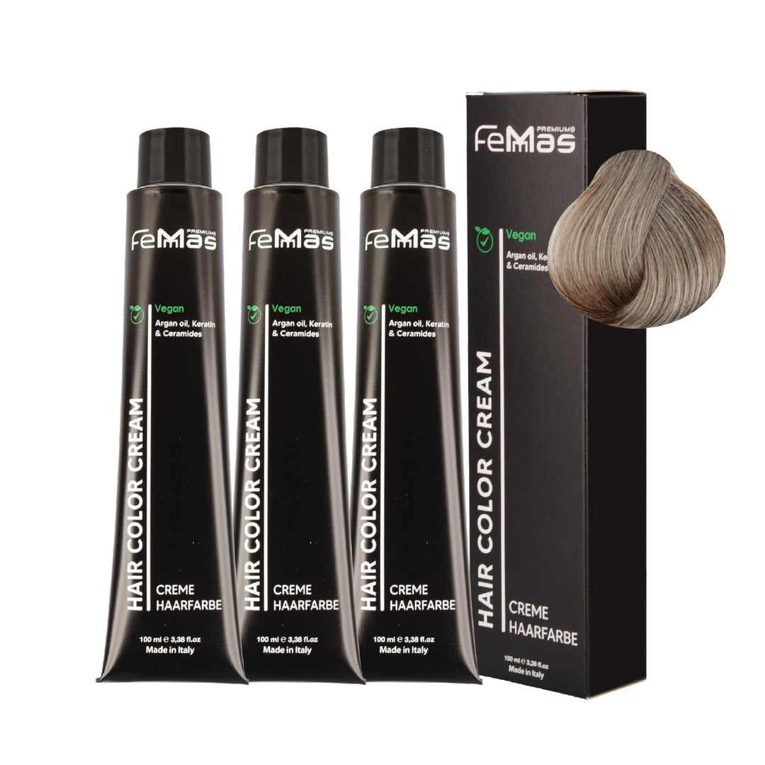 FemMas Haarfarbe 3x Hellblond Asch 8.1 I Professionelle Creme Haarfarbe mit Arganöl, Keratin & Ceram