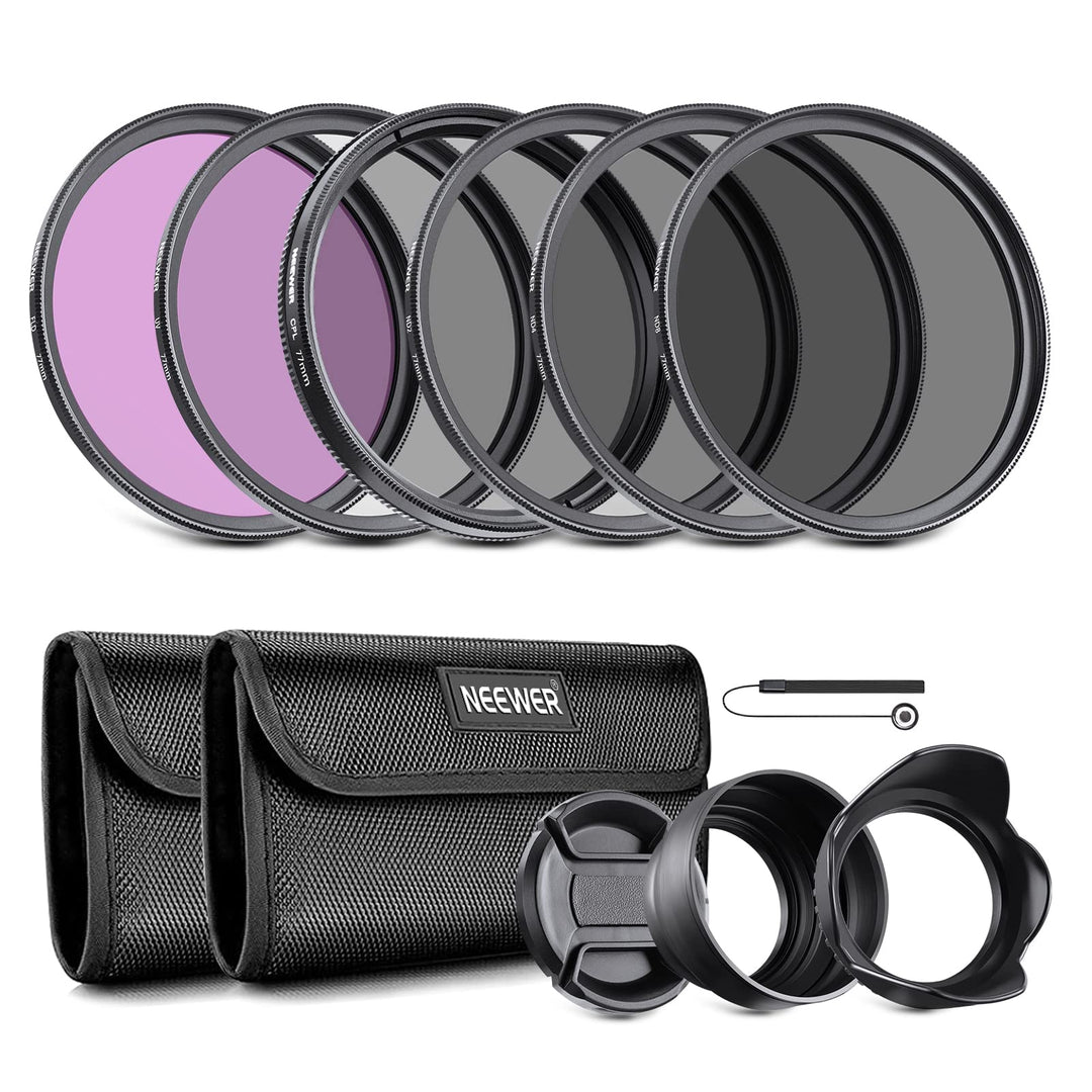 NEEWER 77mm ND Filter Set UV CPL(Polfilter) FLD ND2 ND4 ND8 Graufilter Gegenlichtblende und Objektiv