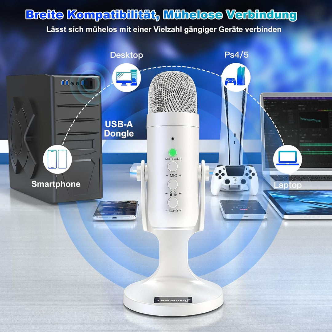 zealsound K66 Wireless USB Mikrofon – Kabelloses Desktop-Kondensator-Mikrofon, Noise-Reduction, Nier