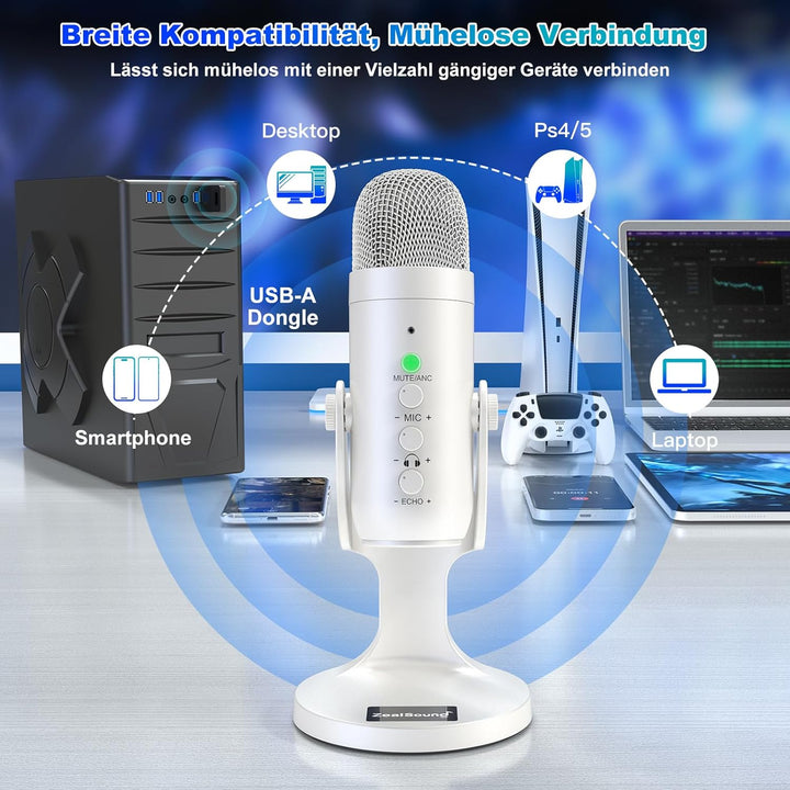 zealsound K66 Wireless USB Mikrofon – Kabelloses Desktop-Kondensator-Mikrofon, Noise-Reduction, Nier