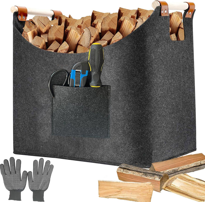 Holzkorb für Kaminholz, XL Kaminholzkorb mit 45 x 32 x 40 cm Holzkorb + ein Paar Handschuhe, Ideal f