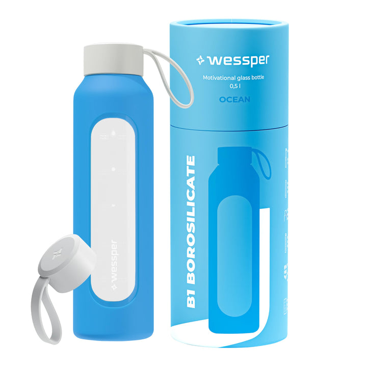 Wessper Trinkflasche Glas 500 ml, Motivations wasser glasflasche mit Hydrationsskala, borosilikatgla