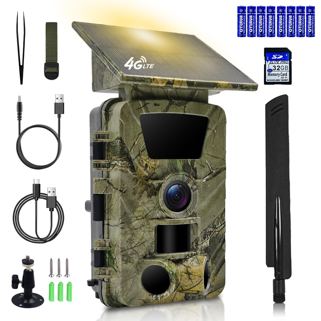 Wildkamera 4G-LTE mit Handyübertragung App, Wildkamera Solar mit Akku 5200mAh Wildtierkamera mit Bew