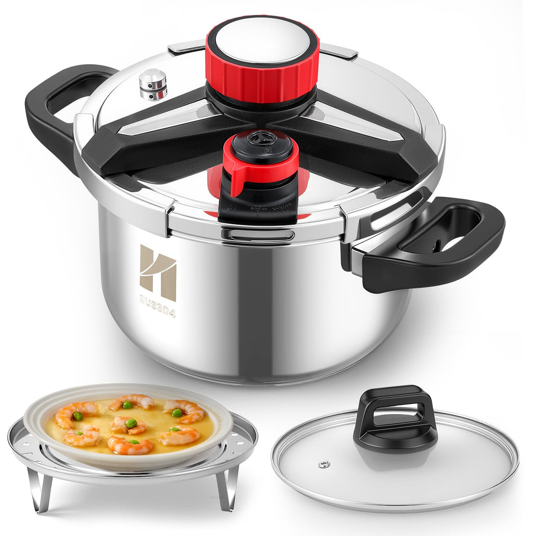 Huanyu 3-in-1-Schnellkochtopf 5 Liter Edelstahl-Schnellkochtopf mit Dampfgarerplatte und Glasdeckel