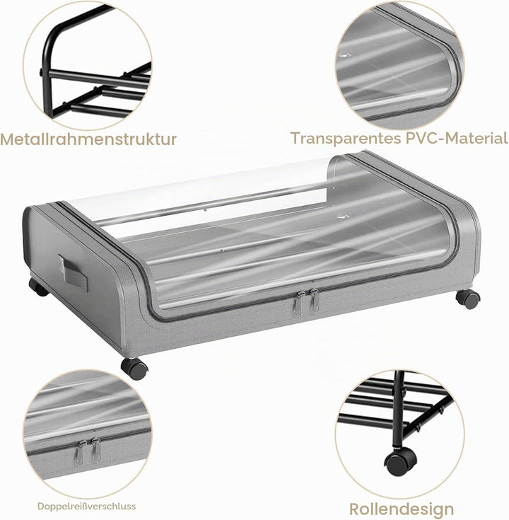 2 Stück Unterbett Aufbewahrungsbox, Unterbettkommode mit Sichtfenster, Bettkasten Organizer, Metall-