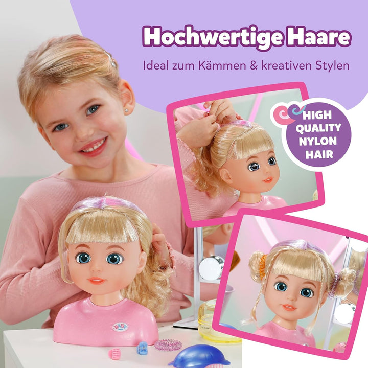BABY born Stylingkopf Carla - Frisierkopf mit hochwertigem Nylon-Haar - Inkl. Haarspangen, Bändern &amp;