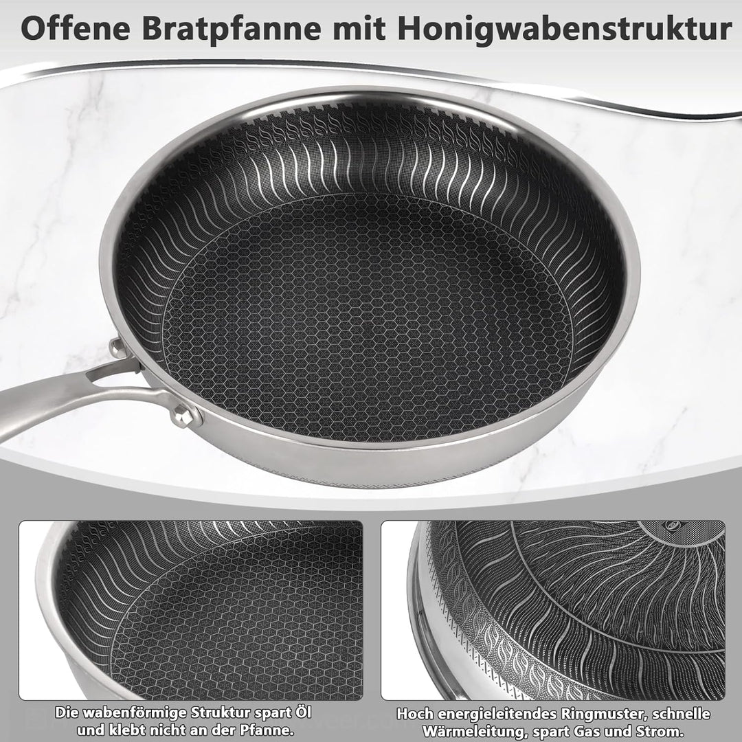 W&H Bratpfanne, 28 cm Edelstahl Pfanne mit Wabenstruktur,Antihaftbeschichtung, Abnehmbarer Griff, Ge