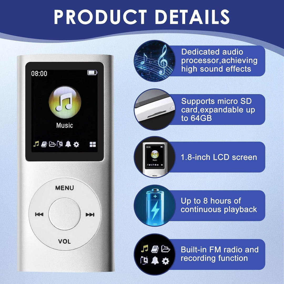 MP3/MP4-Player Unterstützt Bis zu 64 GB TF-Karte Tragbarer MP3 Musik Player 1.8 Zoll LCD Bildschirm