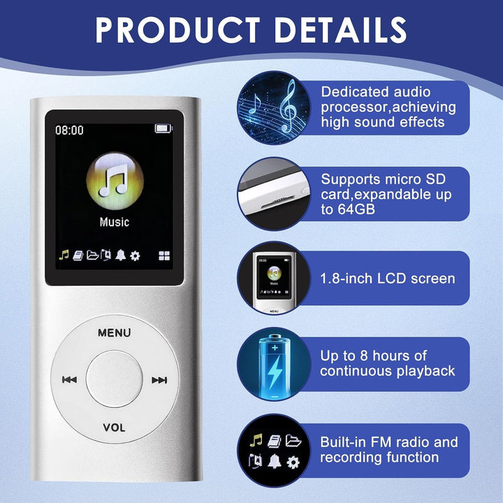 MP3/MP4-Player Unterstützt Bis zu 64 GB TF-Karte Tragbarer MP3 Musik Player 1.8 Zoll LCD Bildschirm