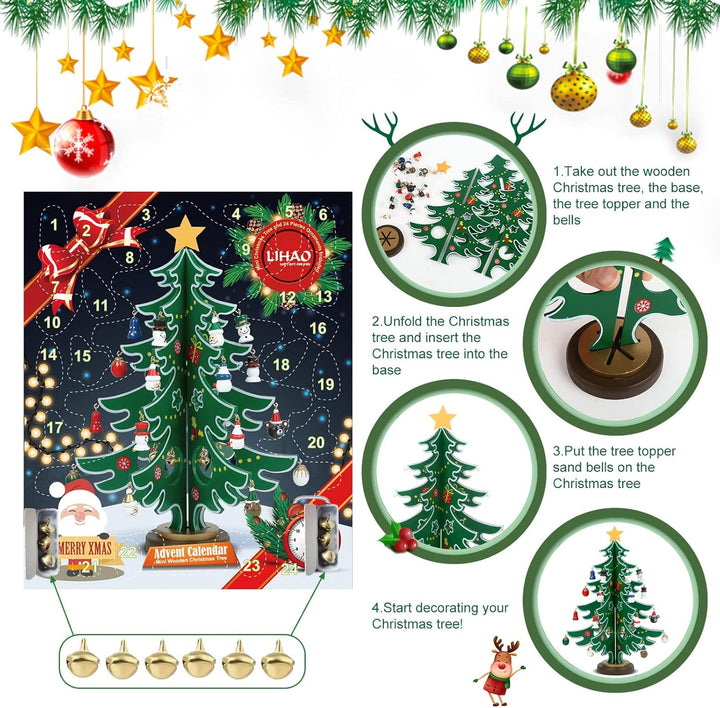 LIHAO Adventskalender Mini Holz Christmas Tree Weihnachtsbaum mit 24 Anhänger Weihnachtsbaum aus Hol