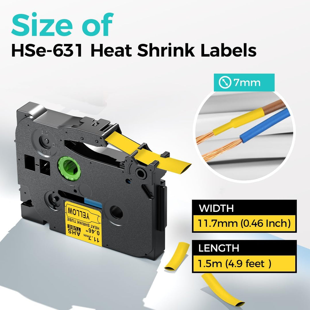 HSe631 Kompatible mit Brother Ptouch Schrumpfschlauch 11.7mm Gelb Schwarz auf Gelb 11.7mm x 1.5m 3,