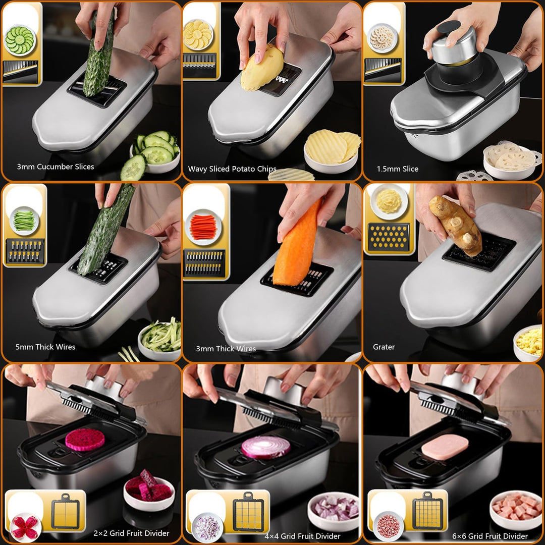 Dicer Smart 9-in-1, Edelstahl Gemüseschneider Und Mandoline Gemüsehobel Set (11 Teile), Julienne- un