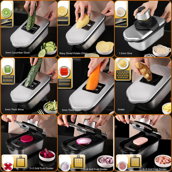 Dicer Smart 9-in-1, Edelstahl Gemüseschneider Und Mandoline Gemüsehobel Set (11 Teile), Julienne- un