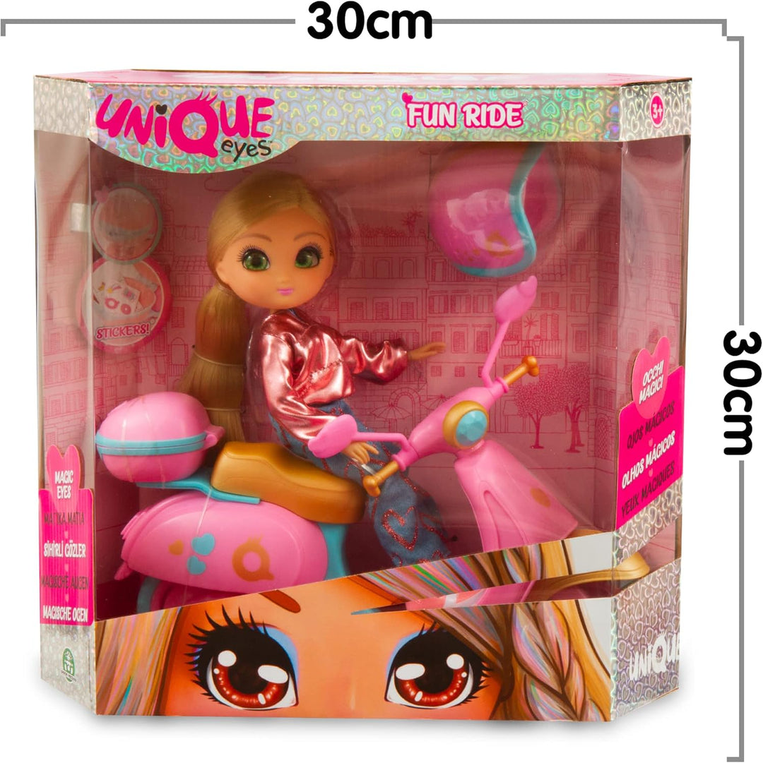 UNIQUE EYES, Puppe 25 cm – Amy, mit Blick auf die Augen, mit Roller, Spielzeug für Kinder ab 3 Jahre