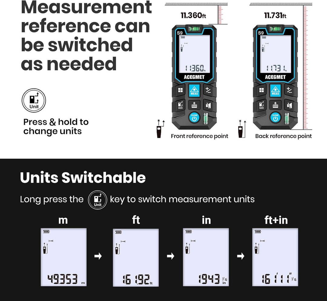 ACEGMET Laser-Entfernungsmesser Smartphone-App,Reichweite, 2 Wasserwaagen, Bluetooth,LCD-Display mit