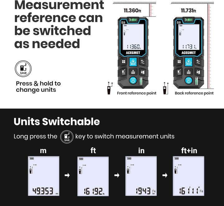 ACEGMET Laser-Entfernungsmesser Smartphone-App,Reichweite, 2 Wasserwaagen, Bluetooth,LCD-Display mit