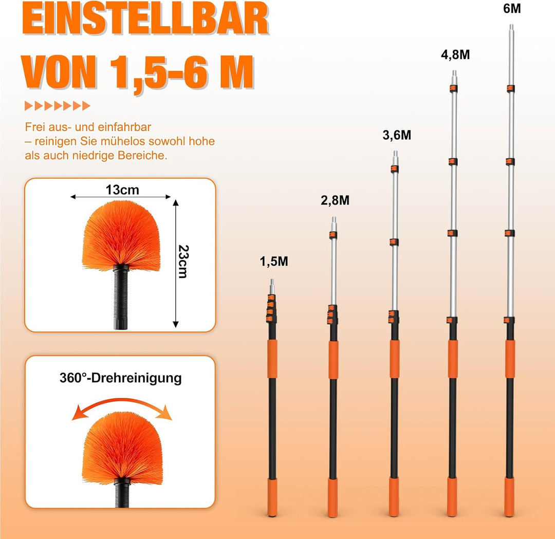 6m Staubwedel Teleskop Waschbar, Spinnenwebenentferner zum Reinigen, Spinnwebenbesen mit Teleskopsti
