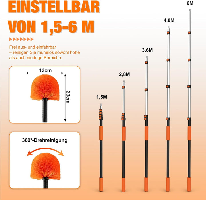 6m Staubwedel Teleskop Waschbar, Spinnenwebenentferner zum Reinigen, Spinnwebenbesen mit Teleskopsti