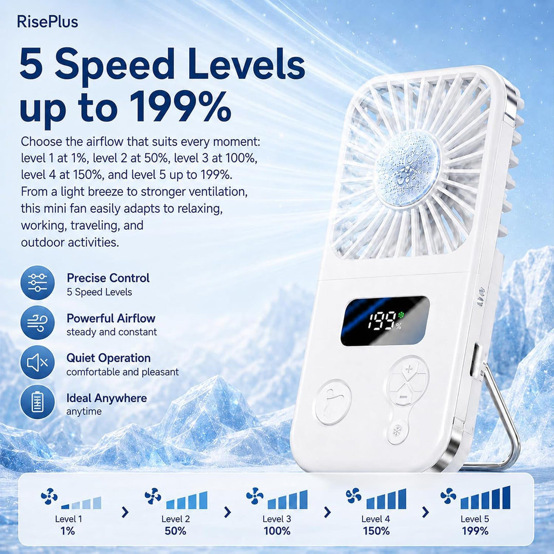 Handventilator mit Kühlplatte, Tragbarer Mini Ventilator Akku mit 5 Windstufen, Digitalanzeige &amp; USB