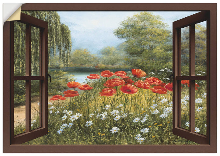 ARTland Wandbild selbstklebend Vinylfolie 100x70 cm Fensterblick Landschaft Blumen Mohnblumen See Bl