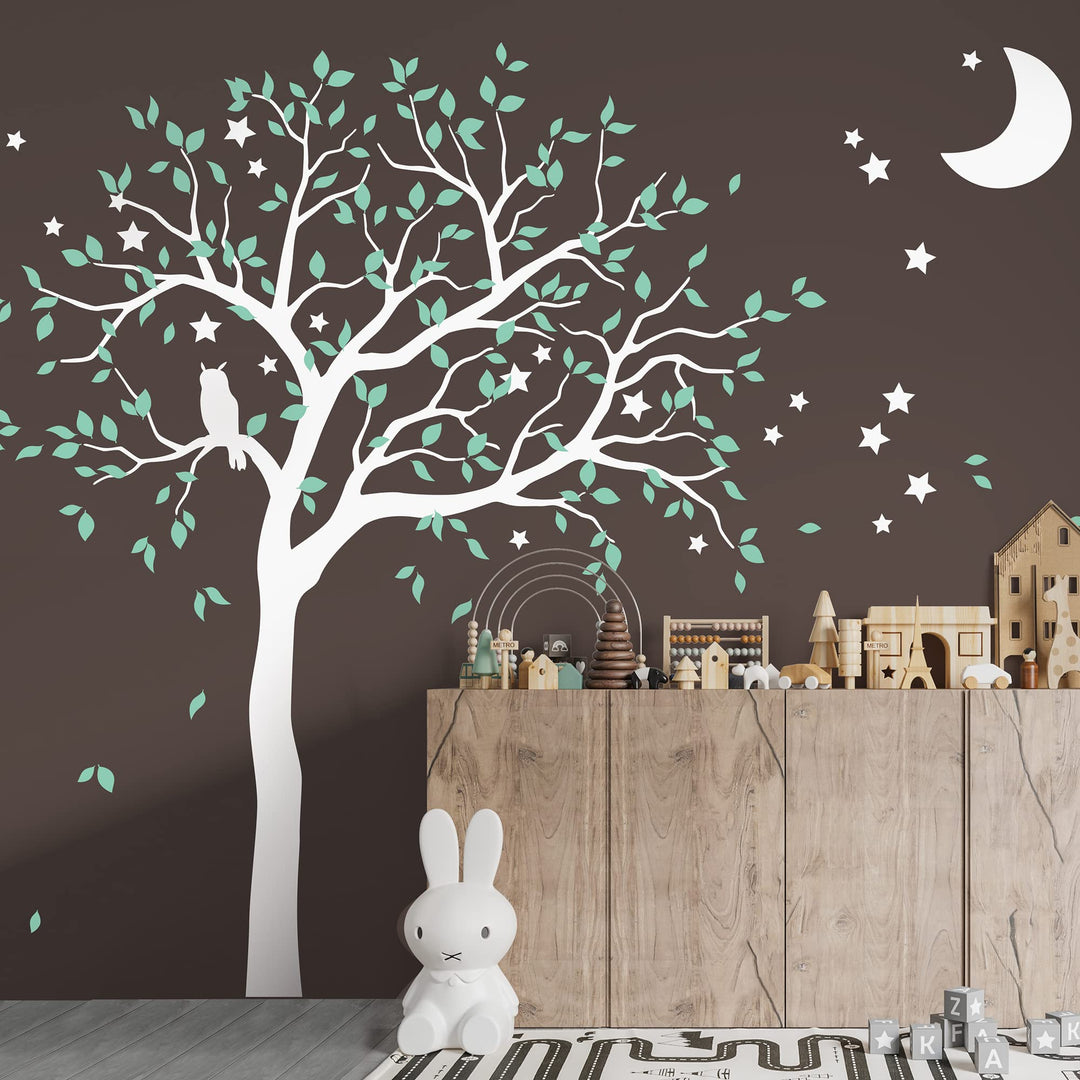 Studio Quee Grosser Baum Wandaufkleber mit Eule, Mond und Sternen Kinderzimmer Wandbild Dekoration 0
