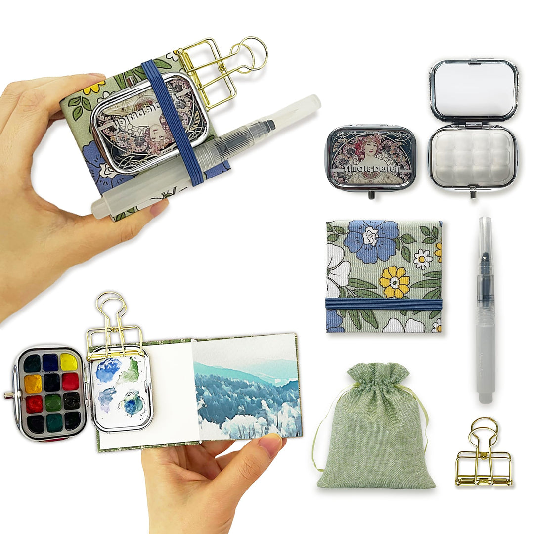 Mini Aquarell Set Unterwegs 12er Leerpalette, 6x6 cm Mini Skizzenbuch 300g/m², Wassertankpinsel & Me