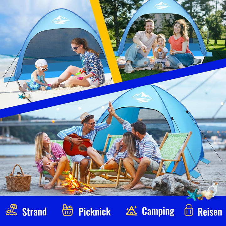 Strandmuschel Pop Up Strandzelt 3-4 Personen, Pop Up Strandmuschel mit Reissverschlusstür UV-Schutz