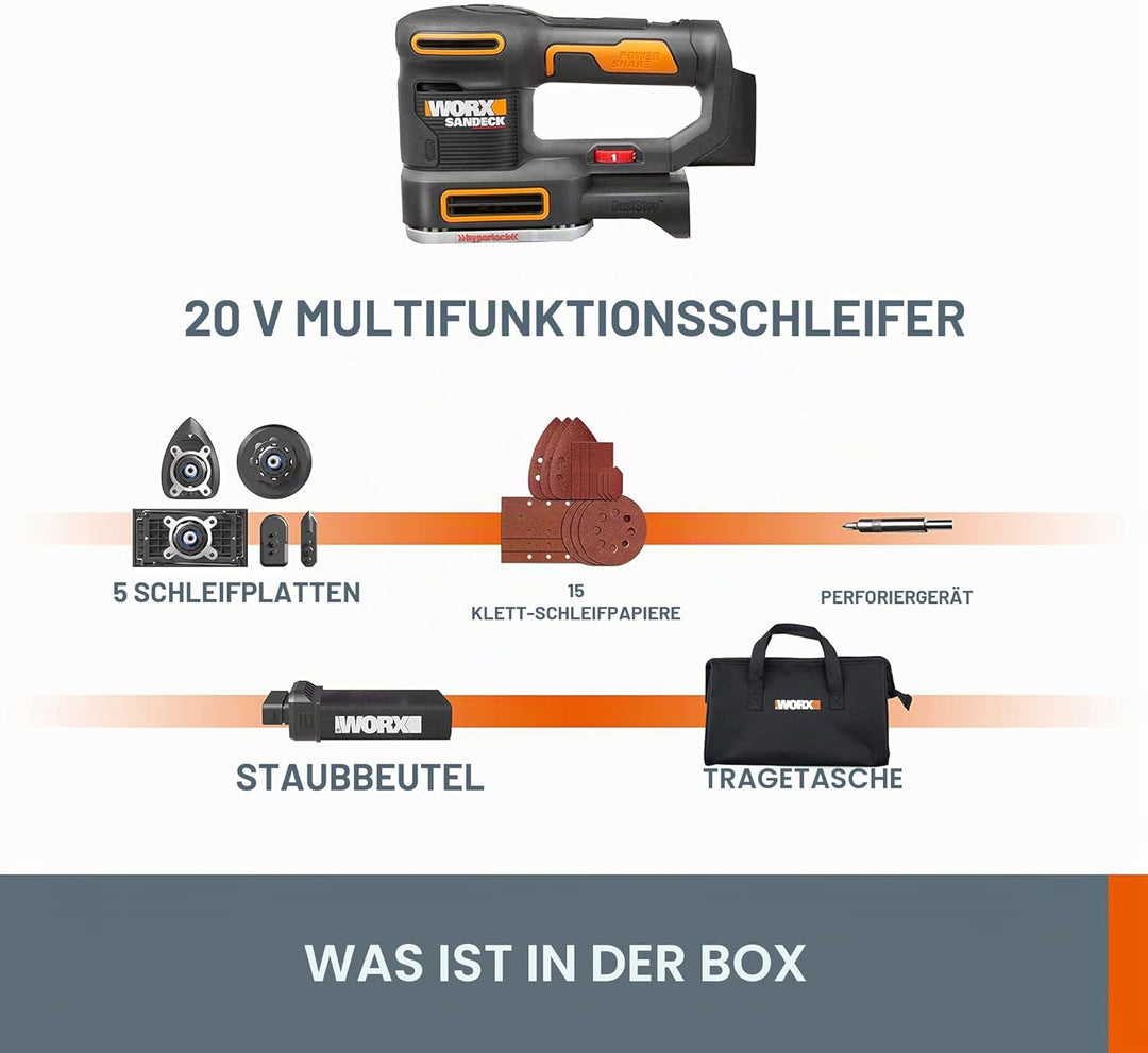 WORX WX820.9 Multifunktionsschleifer – Schleifen ohne Staub – Elektrische 20V Schleifmaschine – Powe