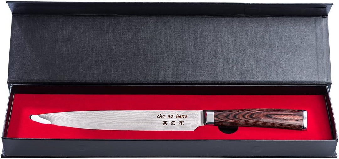 ChaNoHana Damast Sashimi-Messer mit Echtholz Pakkagriff | VG10 Damaststahl-Klinge 20cm 67 Lagen | Fi