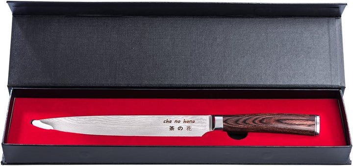 ChaNoHana Damast Sashimi-Messer mit Echtholz Pakkagriff | VG10 Damaststahl-Klinge 20cm 67 Lagen | Fi