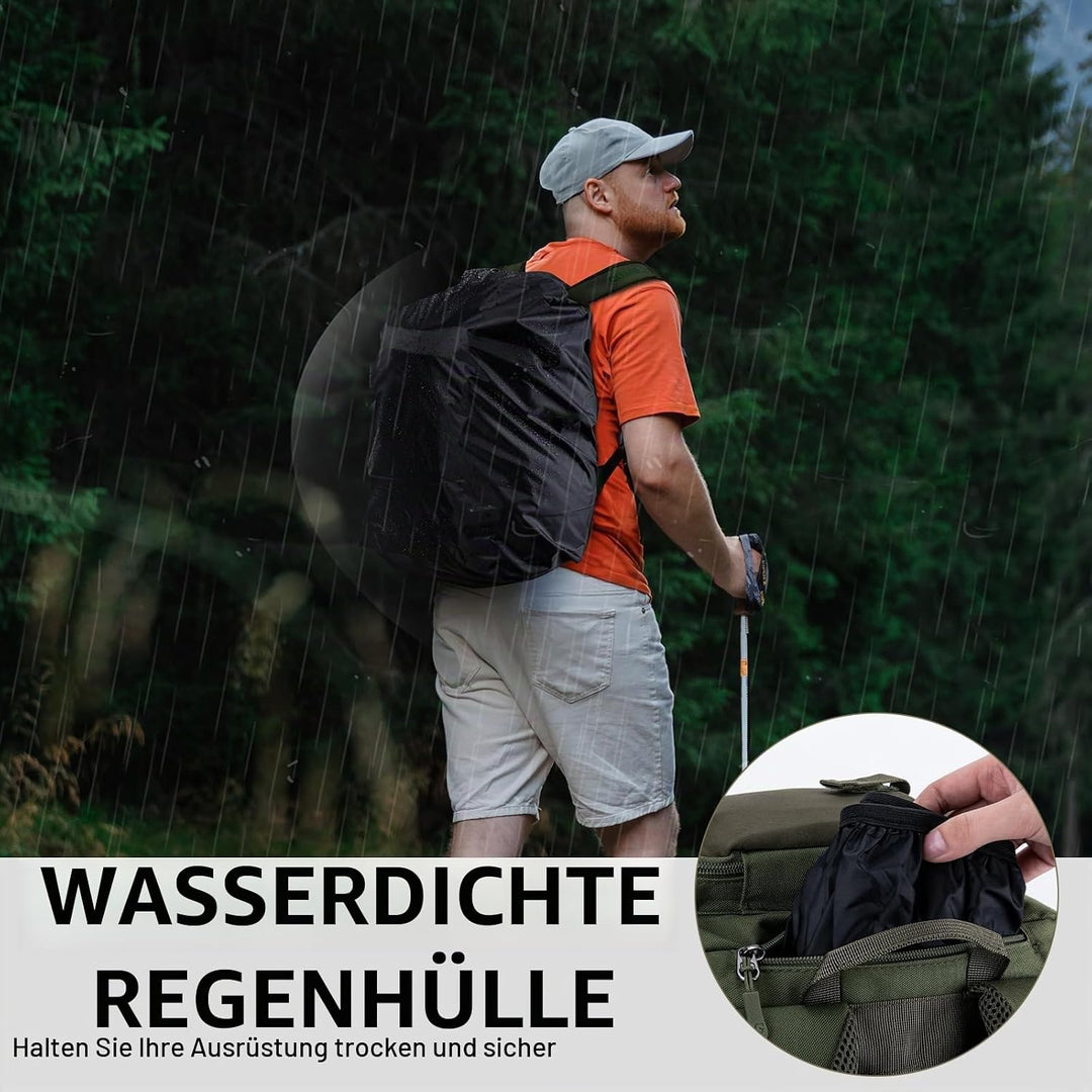 Goture Angelrucksack 45L mit Köderboxen, 600D Angelgerätetasche mit 2 Rutenhaltern, Regenschutz &amp; So