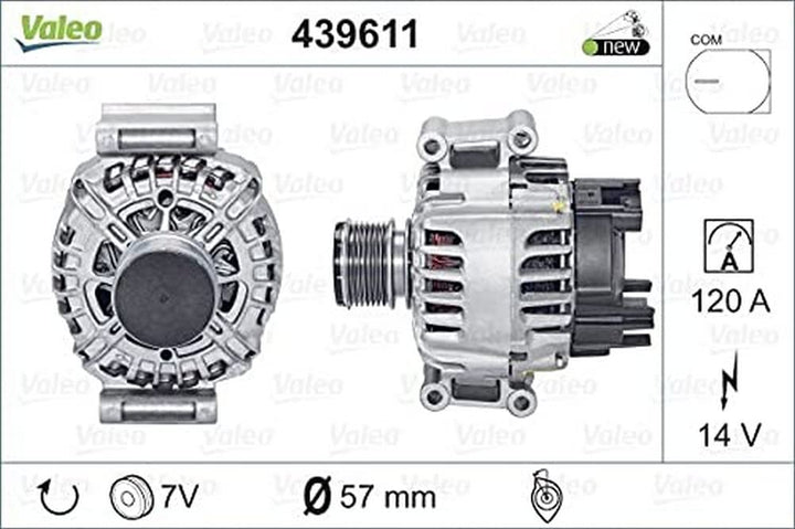 VALEO 439611 Generator Ladestrom des Generators: 120 Amp Rippen: 7 rippen Riemenscheibe Ø: 57 mm Spa