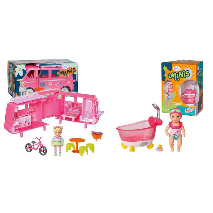 BABY Born, Puppenfahrzeug, aufklappbarer Wohnwagen &amp; Minis Badewannen-Spielset mit Minis-Puppe Amy u