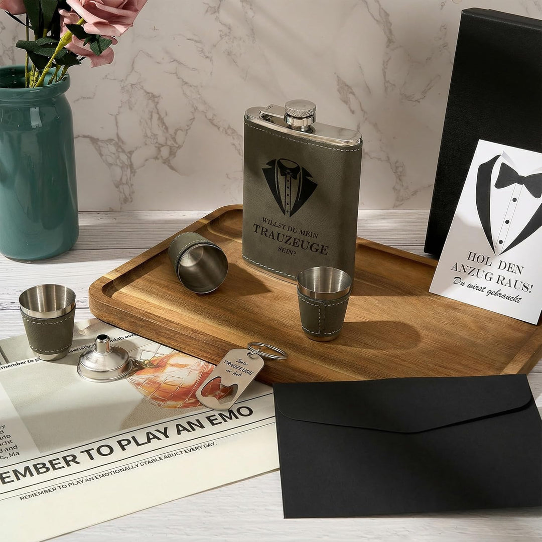 Personalisiertes Flachmann Geschenkset 8oz mit Gravur – Edelstahl Flachmann, 4 Becher, Trichter & Ge