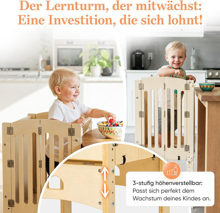 Lernturm ab 1 Jahr [FALTBAR] – Montessori Learning Tower, vormontiert, höhenverstellbar & extra sich