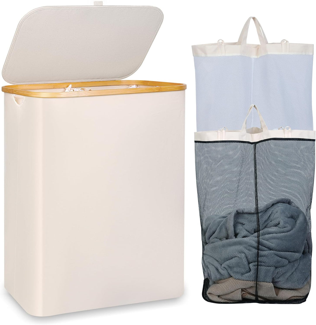iEGrow Wäschekorb150L XL-Extra Gross 2 Fächer Wäschesammler mit Bambusgriff und Deckel, Laundry Bask