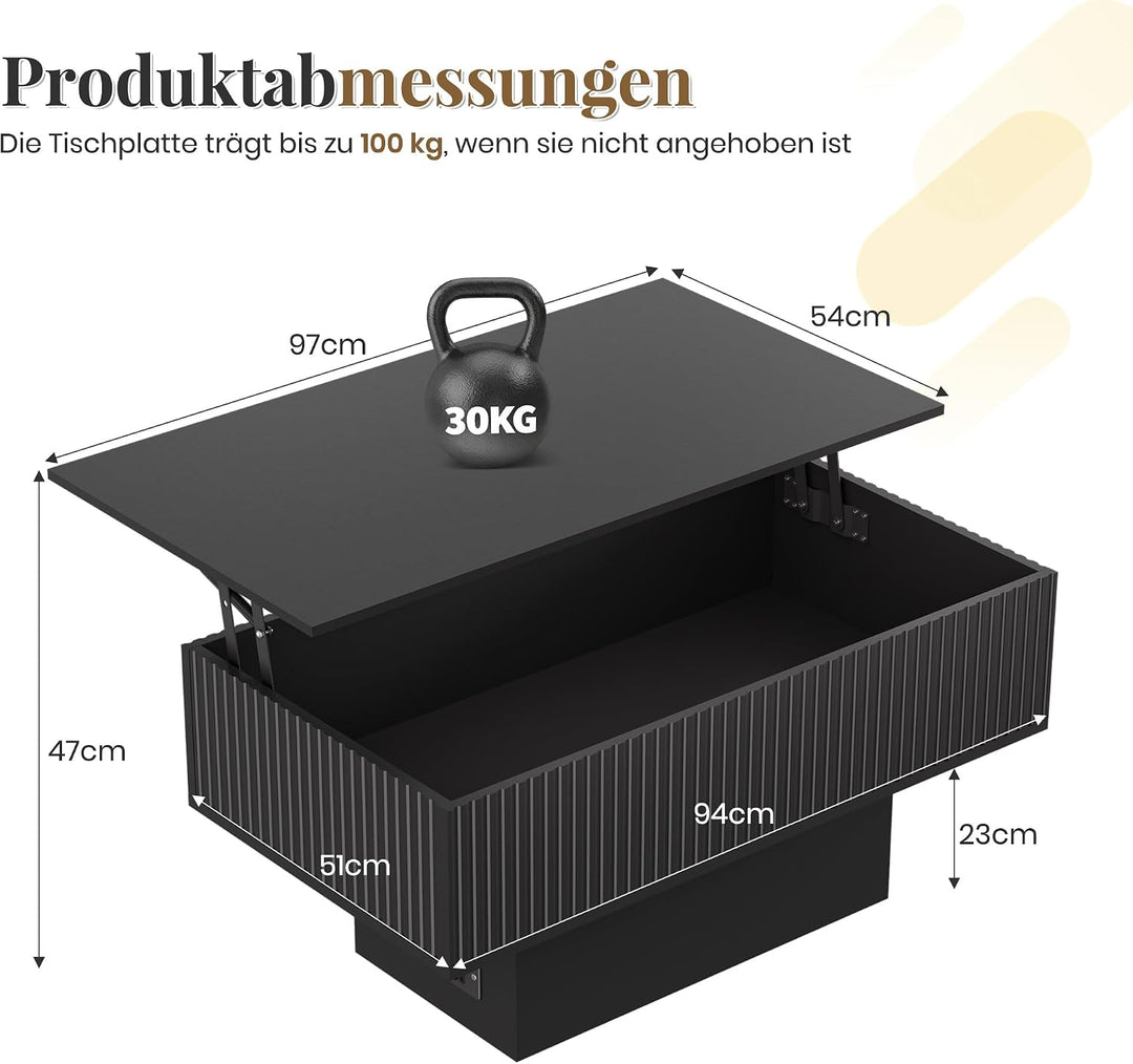 38,2" Lift-Top-Couchtisch mit Stauraum und LED-Beleuchtung, Moderner geriffelter Massivholz-Couchtis