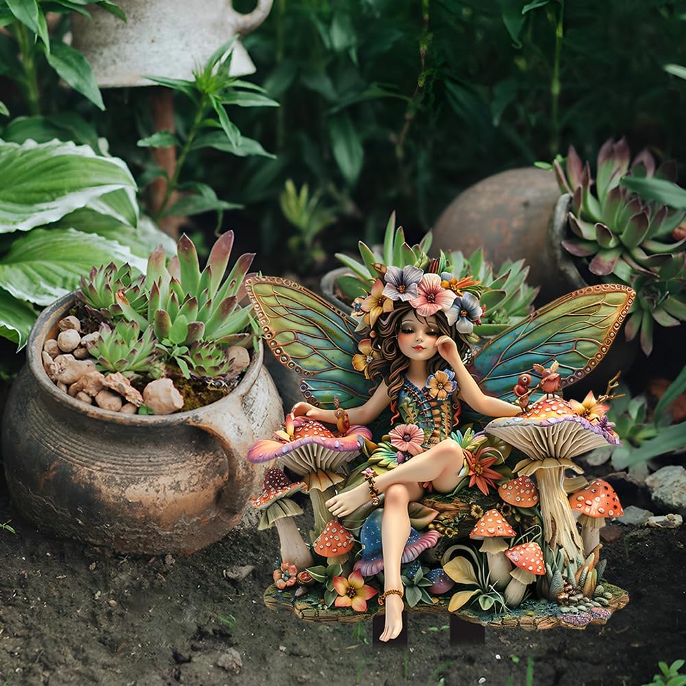 Bohemian Feen Blumentopf Figuren, Fairy Garden Miniatur Feen Figuren Elfen Bodenstecker Dekor Schild