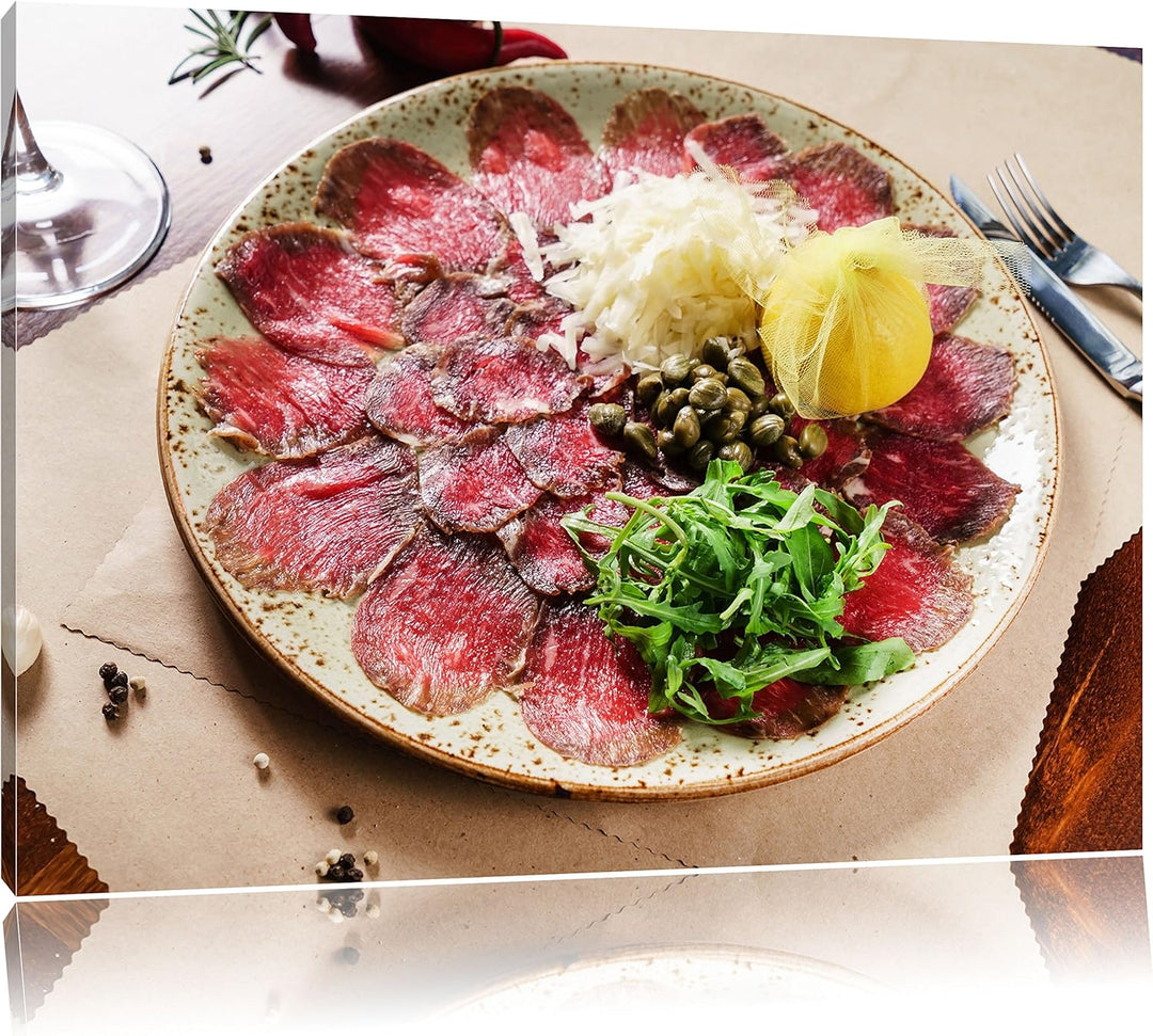 appetitliches Carpaccio, Format: 100x70 auf Leinwand, XXL riesige Bilder fertig gerahmt mit Keilrahm