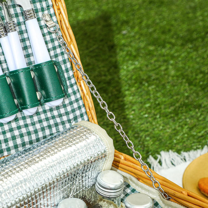 Outsunny Picknickkorb aus Weidenholz Besteck Set mit Isoliert Kühlfach für 2 Personen Picknick Set,