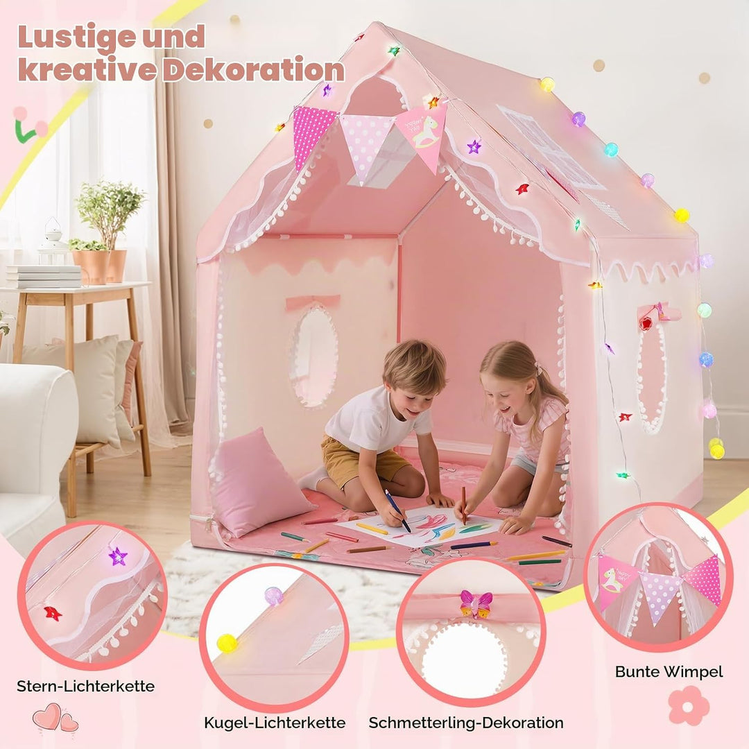 Kinder Spielzelt Hausform, mit LED Lichter &amp; Matte, innen &amp; aussen | Grosser Innenraum, reichhaltige