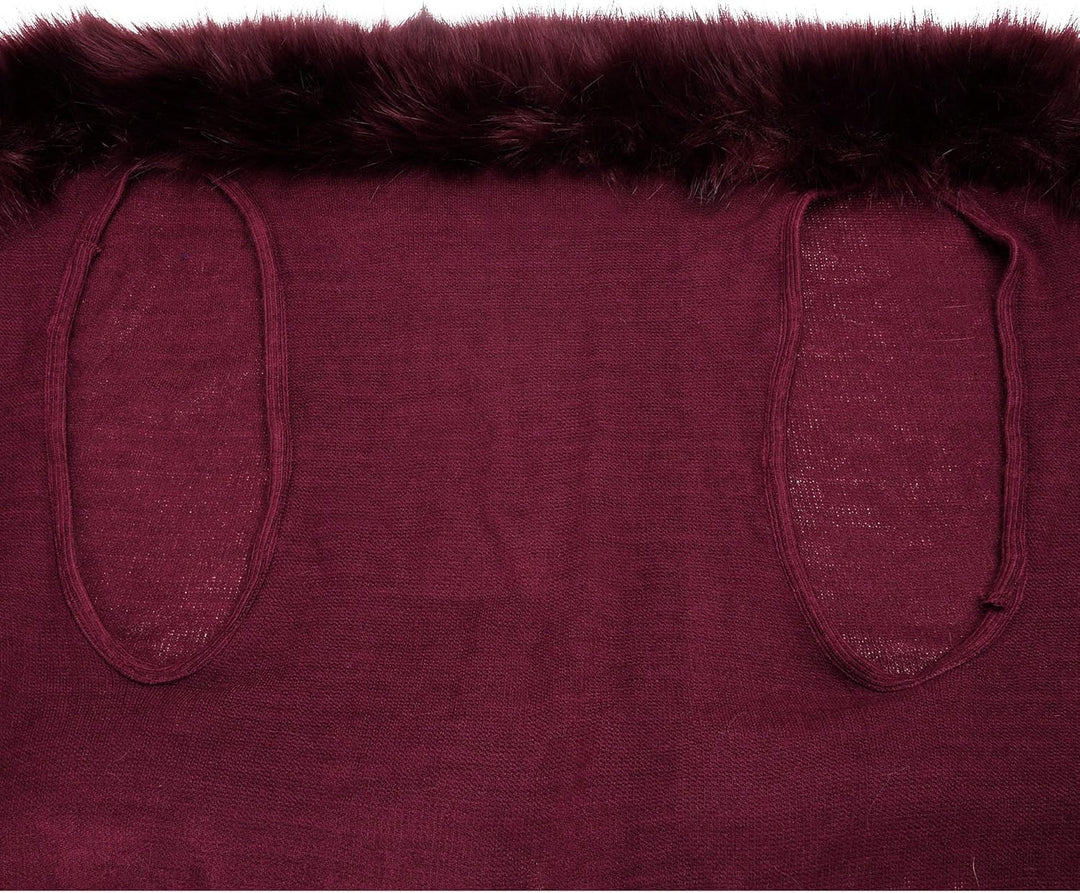 ZLYC Damen Winter Kunstpelz Poncho Strick Schal Stola Warm Cape Cardigan Dunkelrot, Dunkelrot